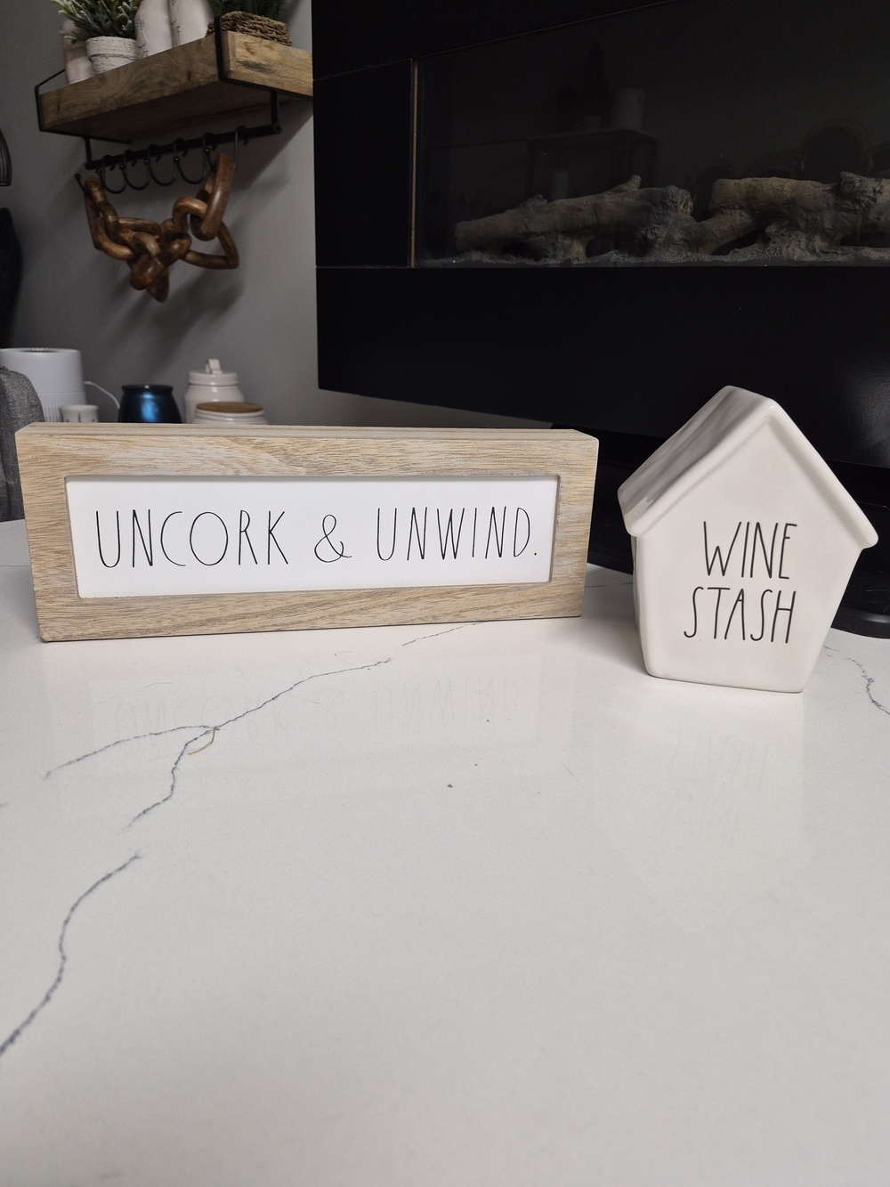 Rae Dunn White Ceramic 'Wine Stash' Jar with Light Wood 'Uncork & Unwind' Sign